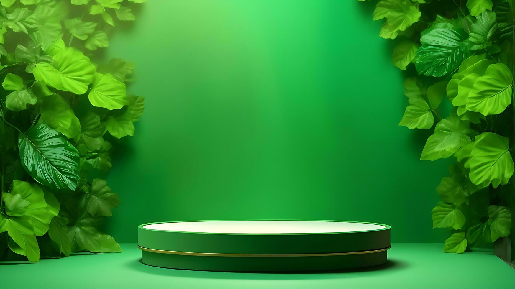 Podium product stand or display with leaf green background and cinematic light photo