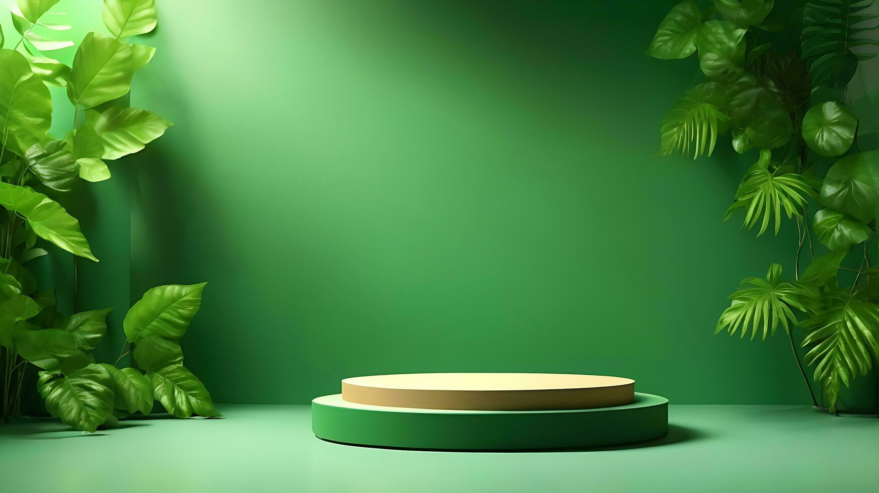 Podium product stand or display with leaf green background and cinematic light photo