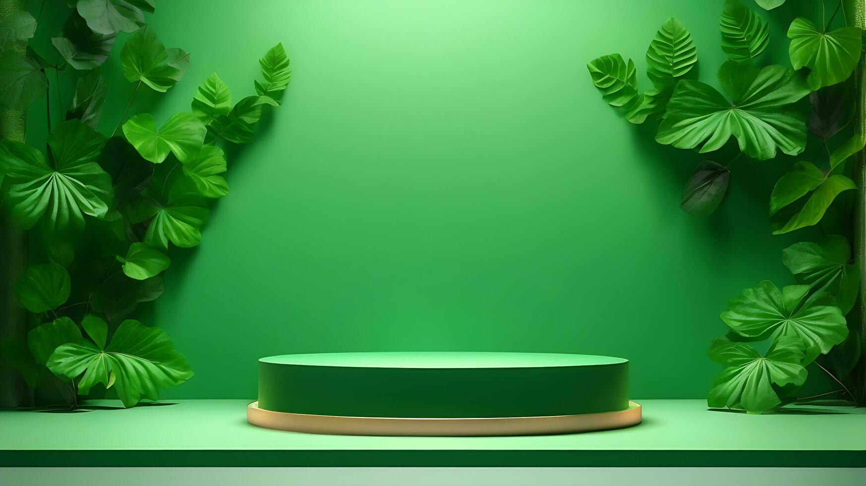 Podium product stand or display with leaf green background and cinematic light photo
