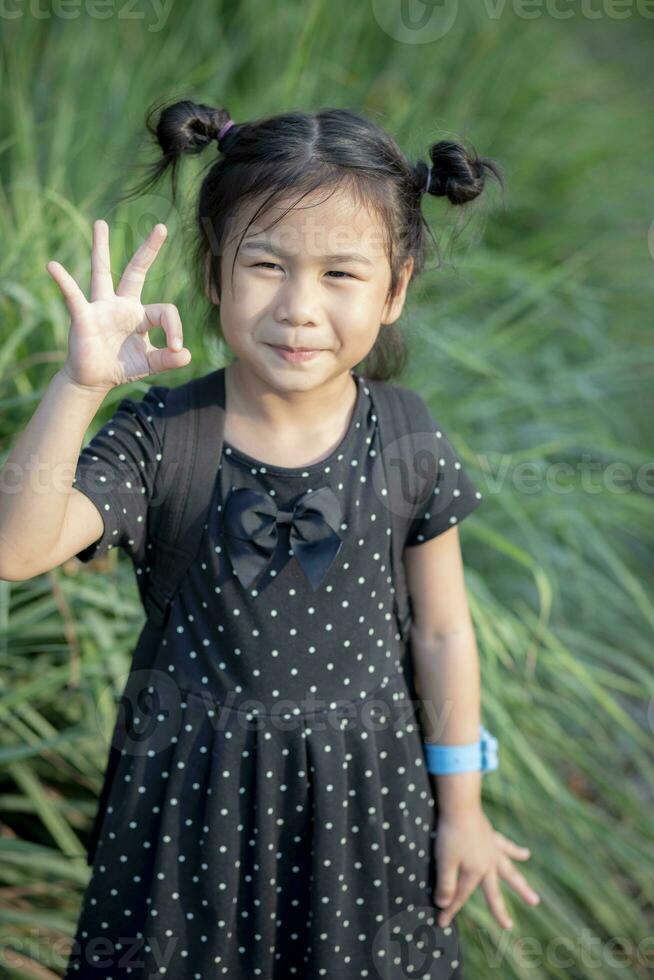 asian children with smiling face and hand sign for okay photo