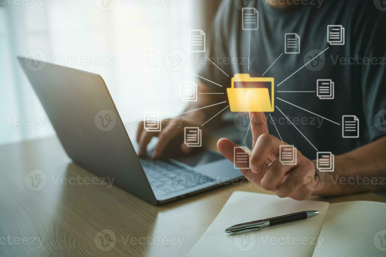 Big data clouds computing database, document management system concept, business man using finger point folder and document icon software network, searching and manage files online document database. photo