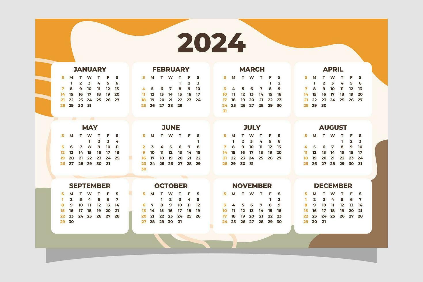 Hand drawn 2024 calendar template Vector illustration