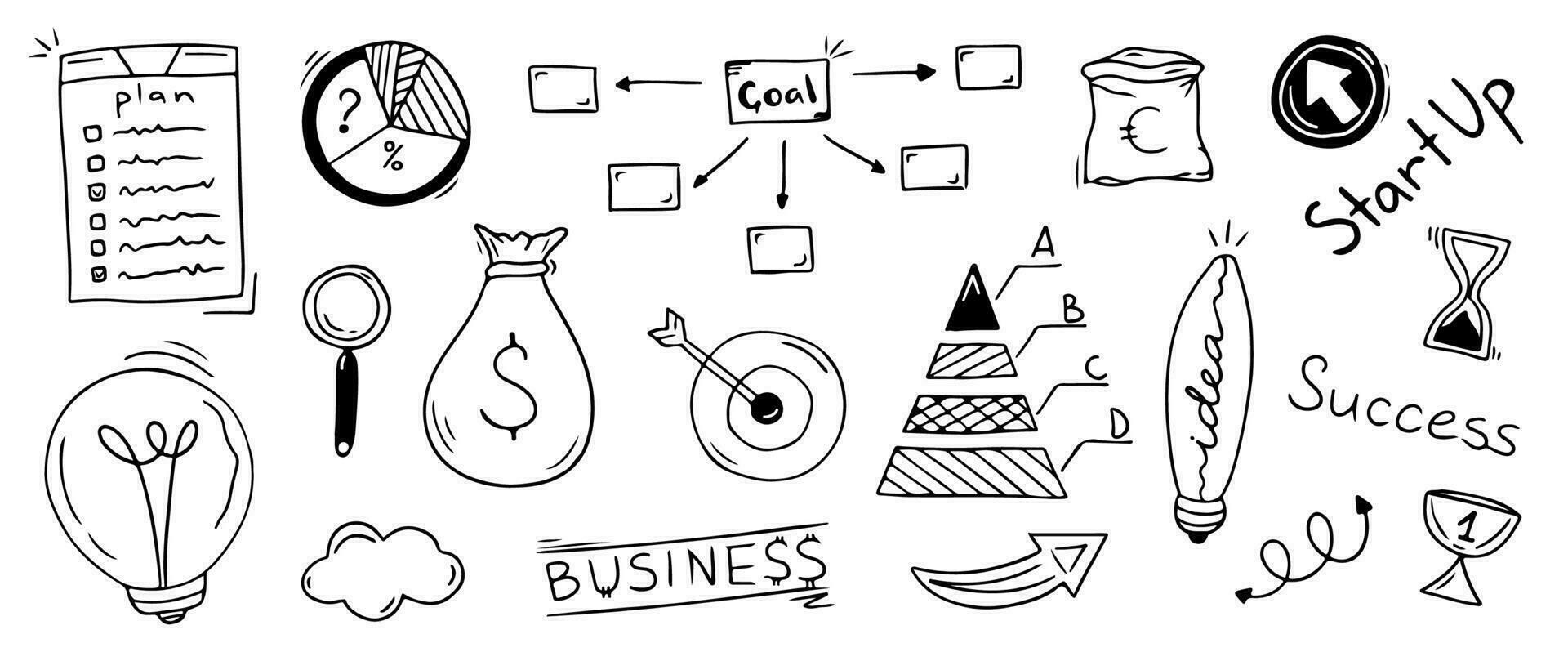 Sketch doodle business elements, financial hand drawn icons. Vector growth success concept