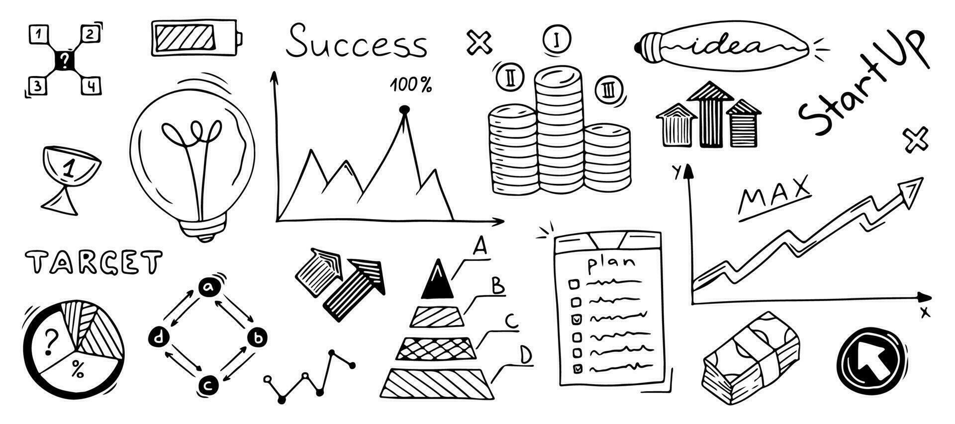 Doodle growth business icon set. Hand drawn financial strategy, infographic, target, career, success concept. Sketch vector illustration