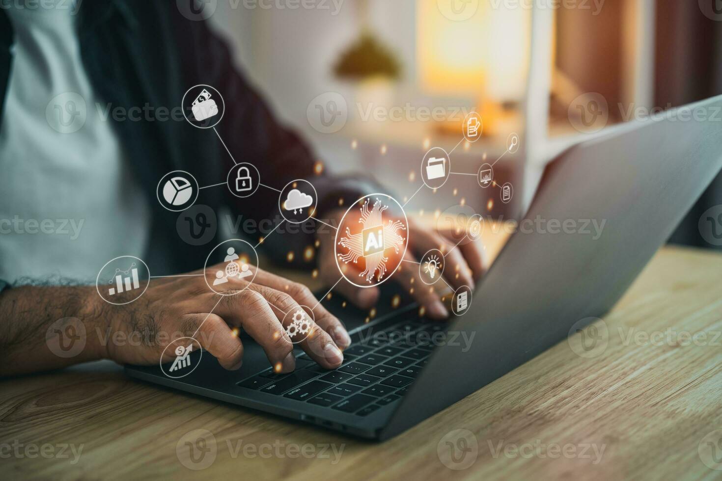 Man using laptop and touch virtual digital Ai network chain. Digital transformation change management, internet of things, smart Ai technology, IoT concepts of business icons smart Internet of Things. photo