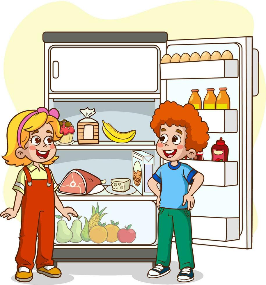 niños tomando comida y bebidas desde el refrigerador vector