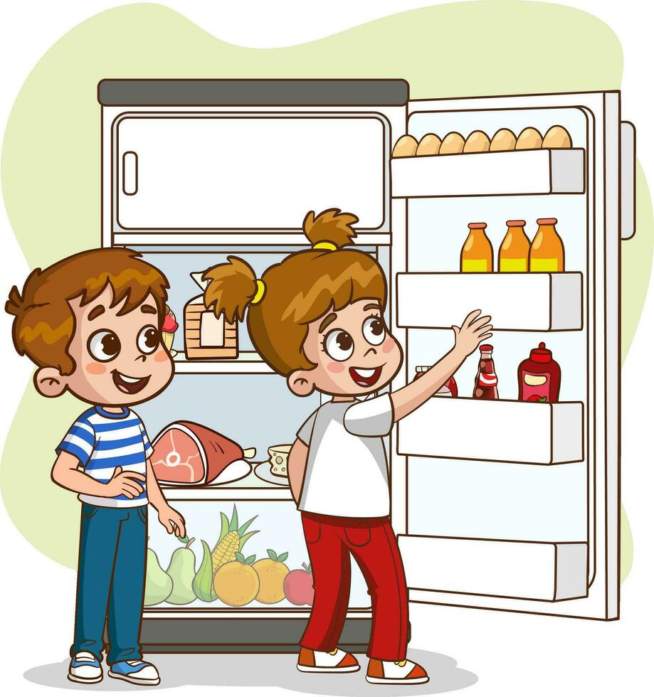 niños tomando comida y bebidas desde el refrigerador vector