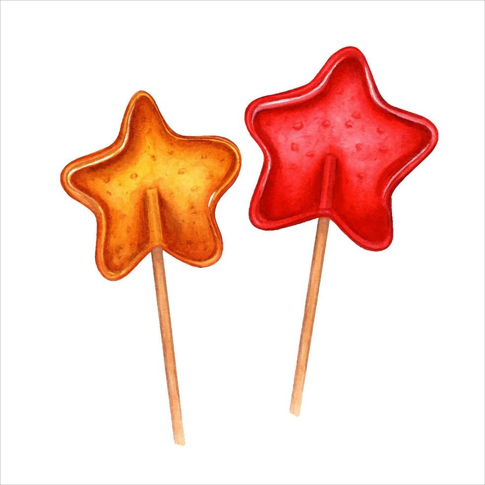 amarillo y rojo piruletas en el forma de estrella. dulces, Bon Bons, azúcar caramelos en palo. acuarela ilustración. para caramelo comercio, almacenar, tarjeta postal, diseño vector