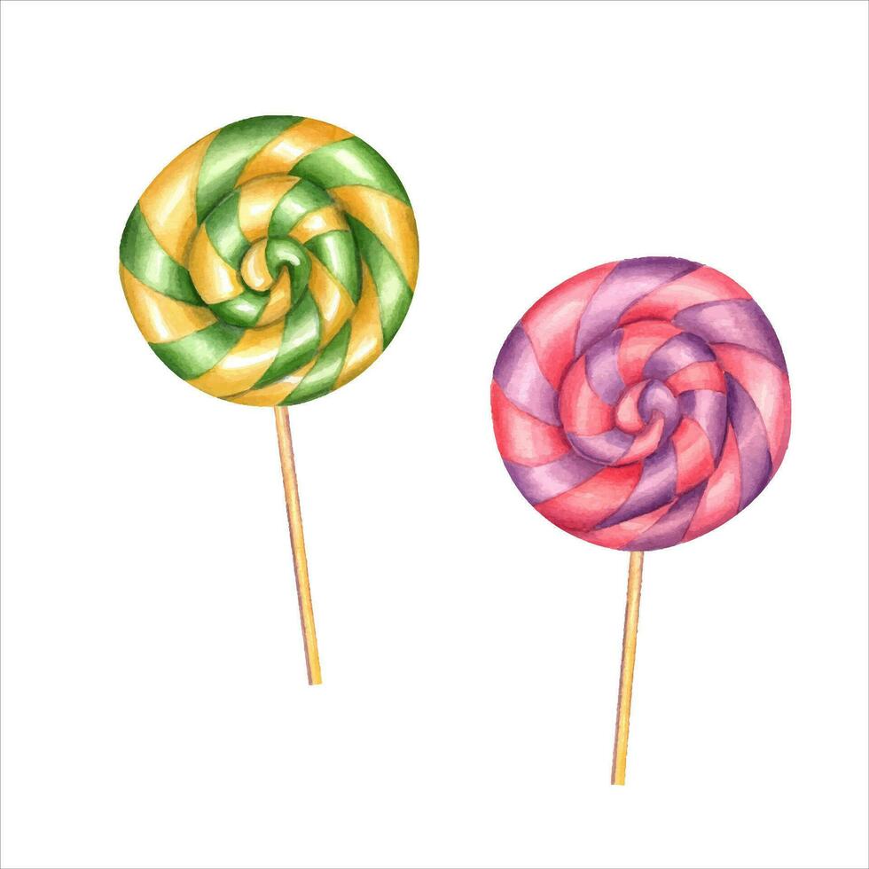Multicolored spiral lollipops. Ornament of yellow and green stripes, pink and purple stripes. Bonbons with striped swirls, sugar caramel on stick. Watercolor illustration for stationery, candy shop vector