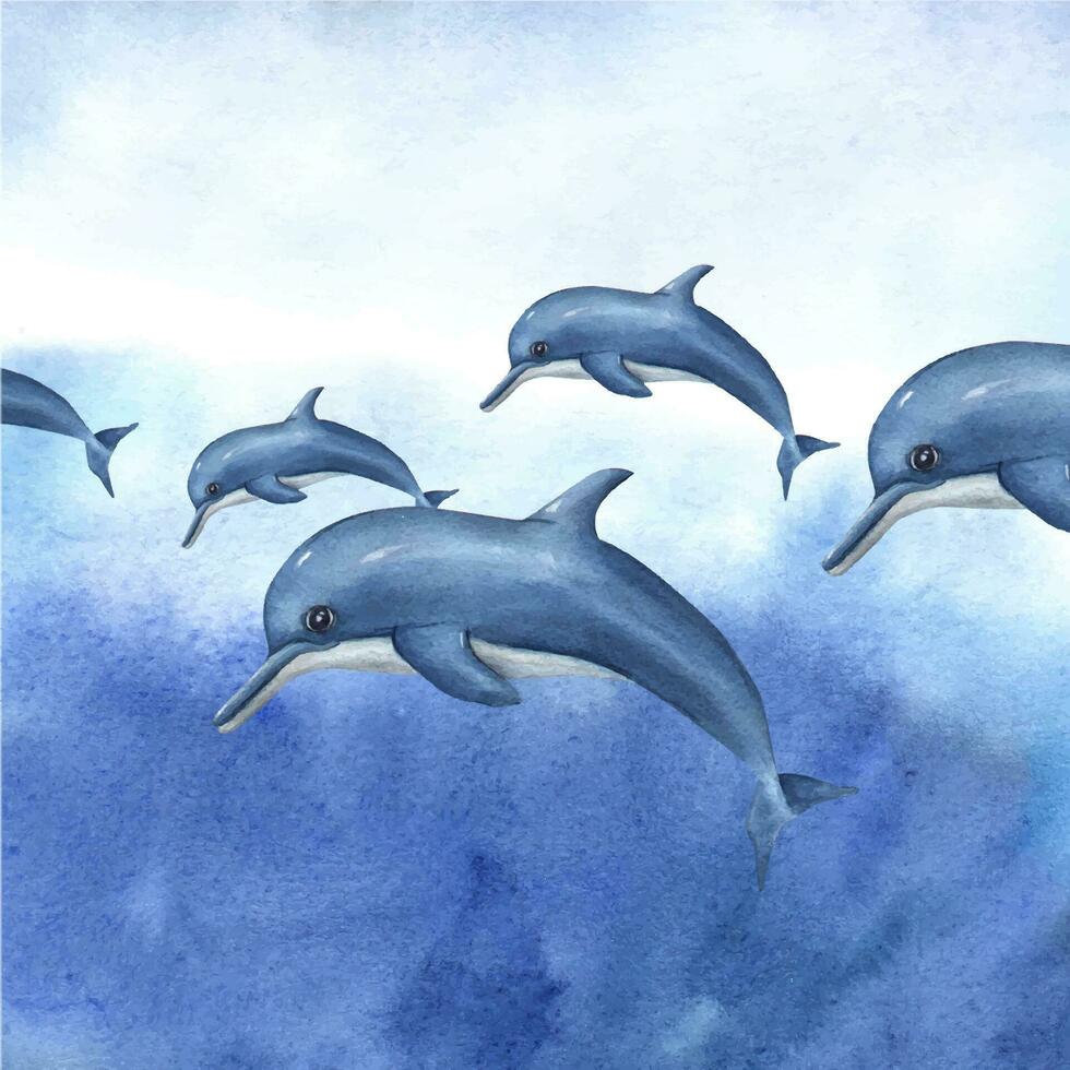 Watercolor cartoon swimming dolphins. Sea illustration can be used for kids room decor, kids print, poster, pattern, stickers, wallpaper, wrapping vector