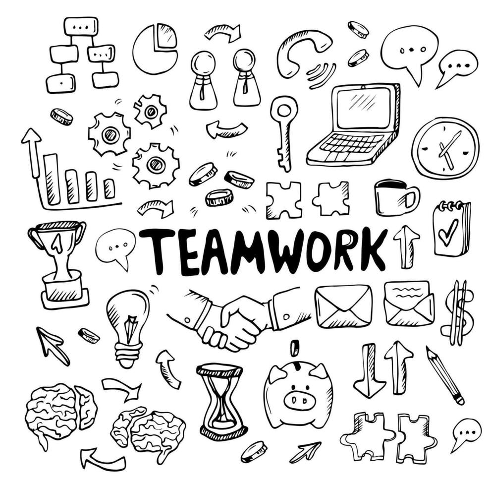 Hand draw business doodles with varieties of business and teamwork icons and words set on white background.Concept for business idea,startup and innovation technology.Doodle art collection. vector