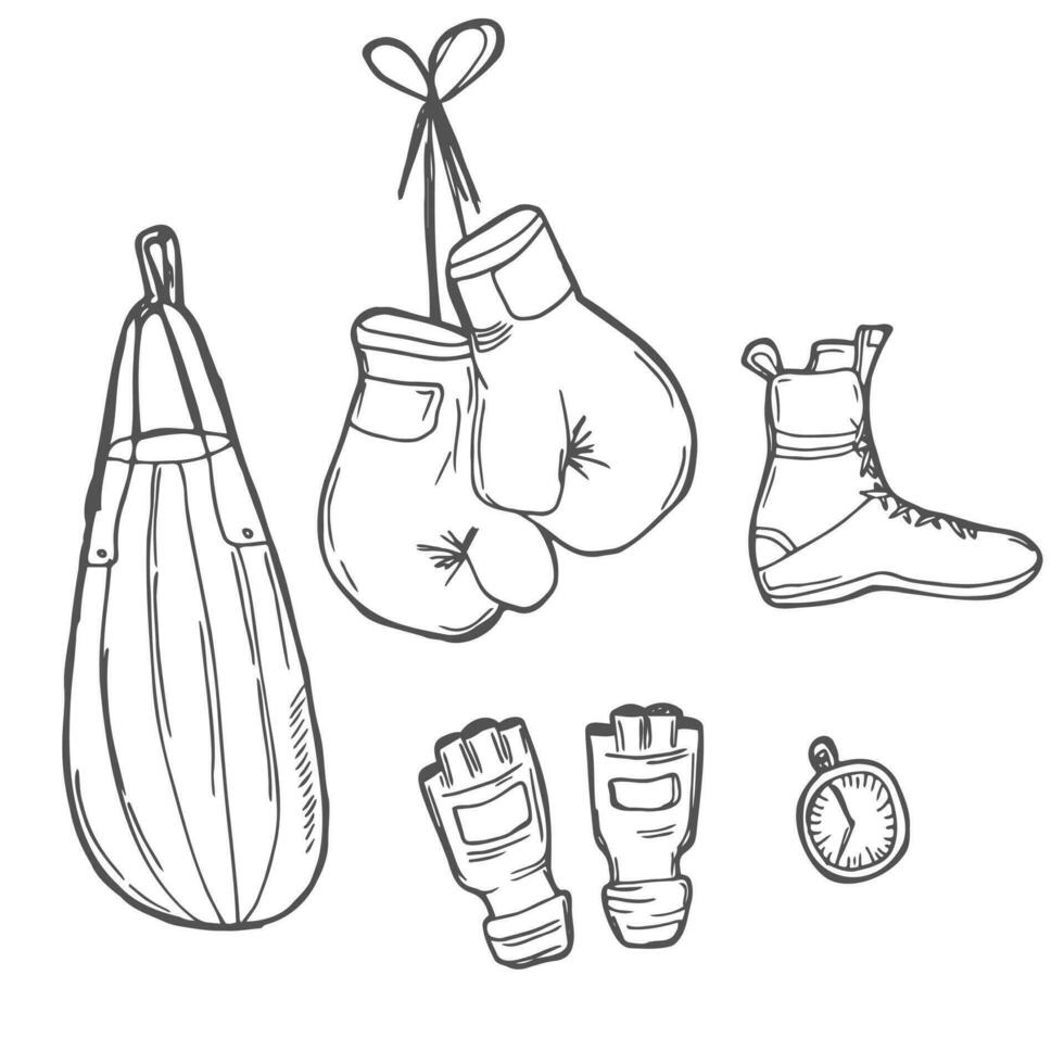 Hand drawn doodle boxing icons set Vector illustration Sketchy sport related icons boxing elements, boxing uniform, gloves, shoes, helmet, boxing ring, belt, trophy Carton boxing equipment