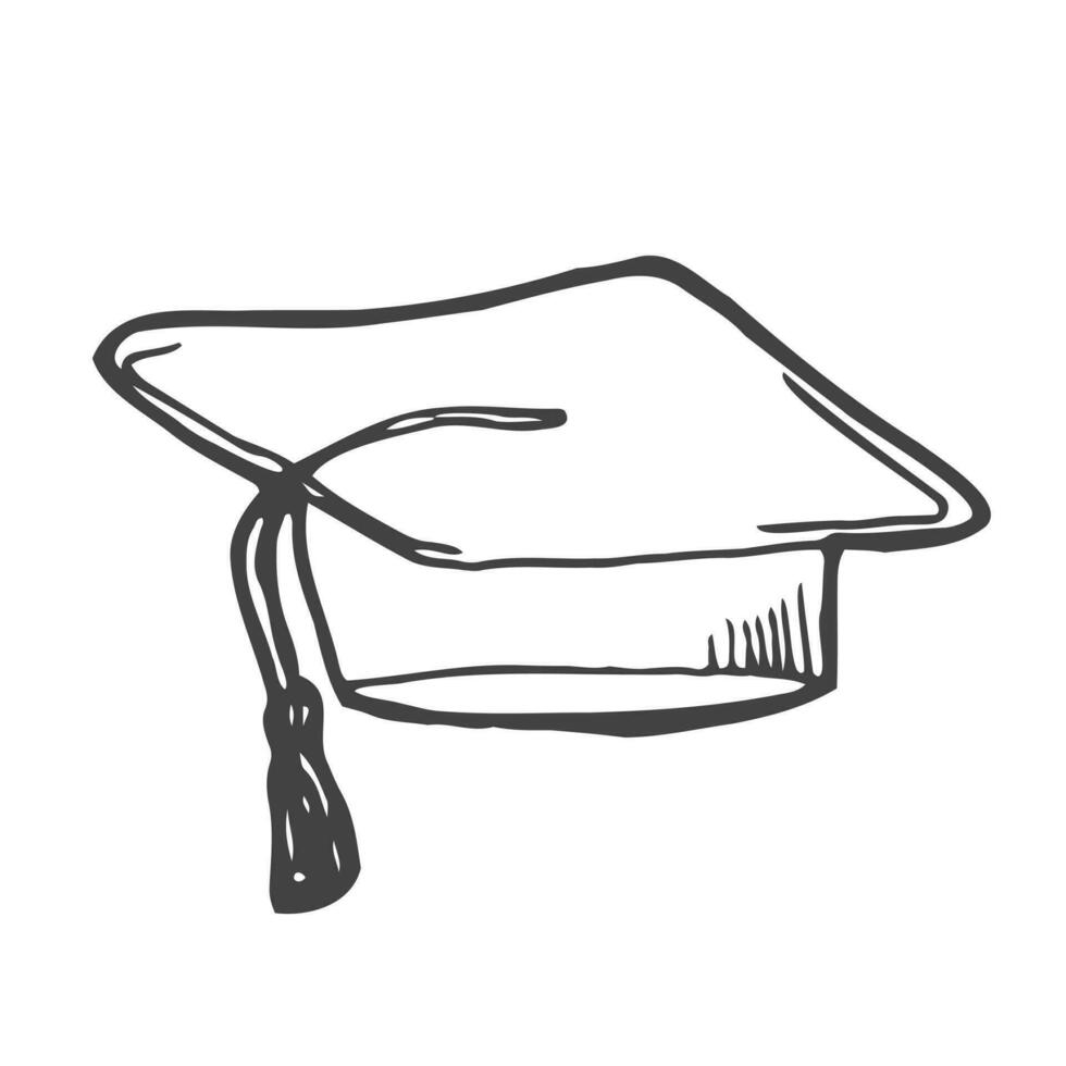 Graduation cap icon. Outlined on white background. Line sketch vector