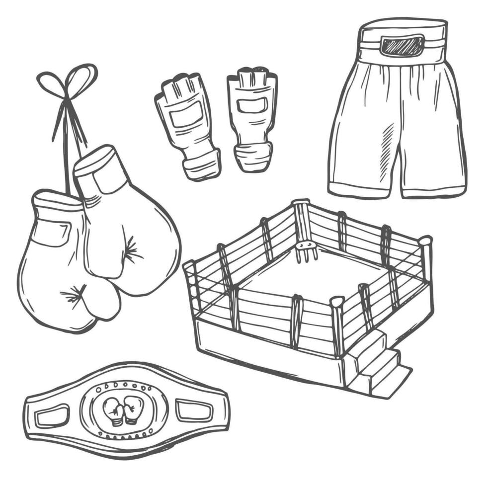 Doodle vector set Boxing sport equipments and objects such as tank top, trunk, fight gear, gloves, belt, speed bag, etc. Black and white line illustration