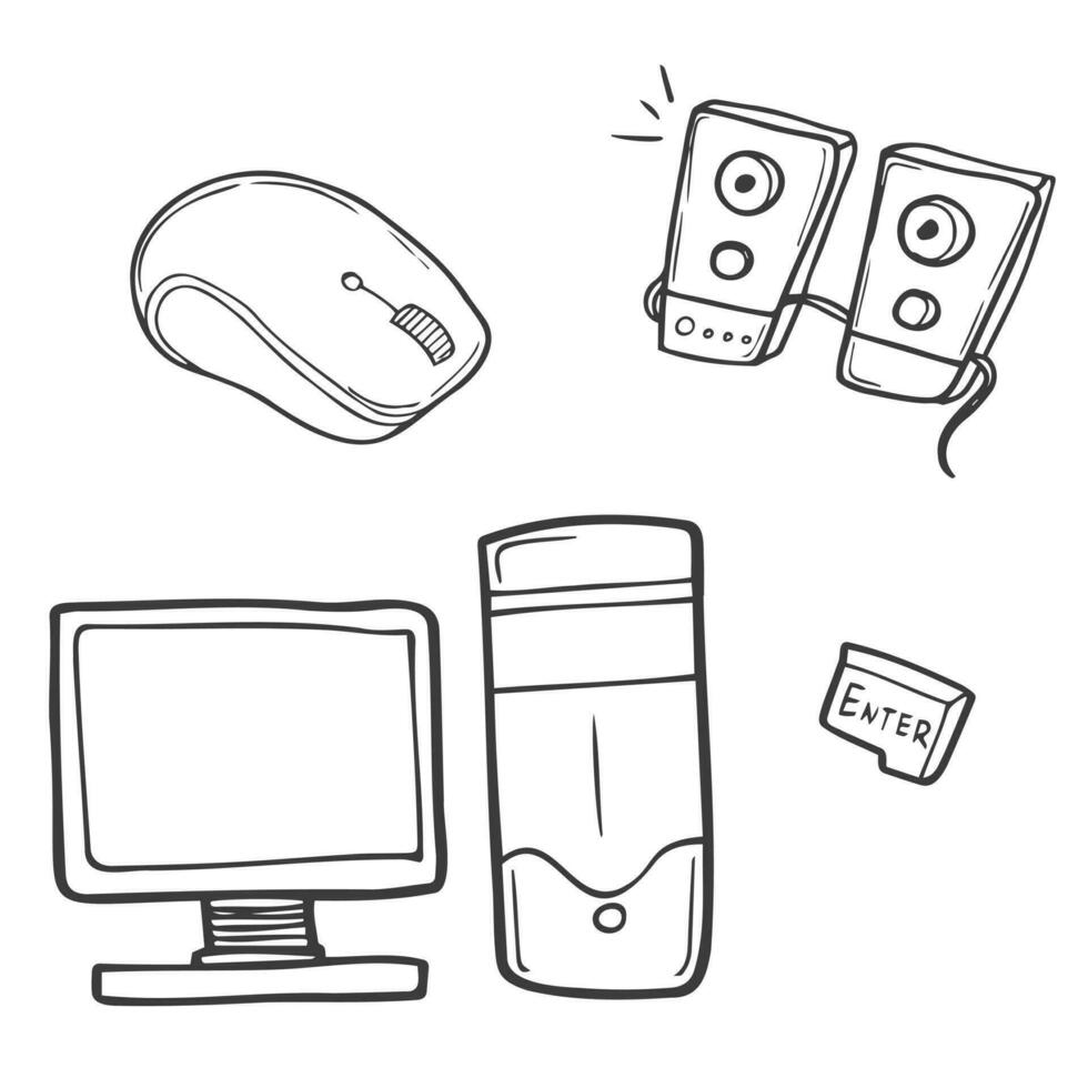 Electronic devices including computer, keyboard button, mouse and speakers. vector