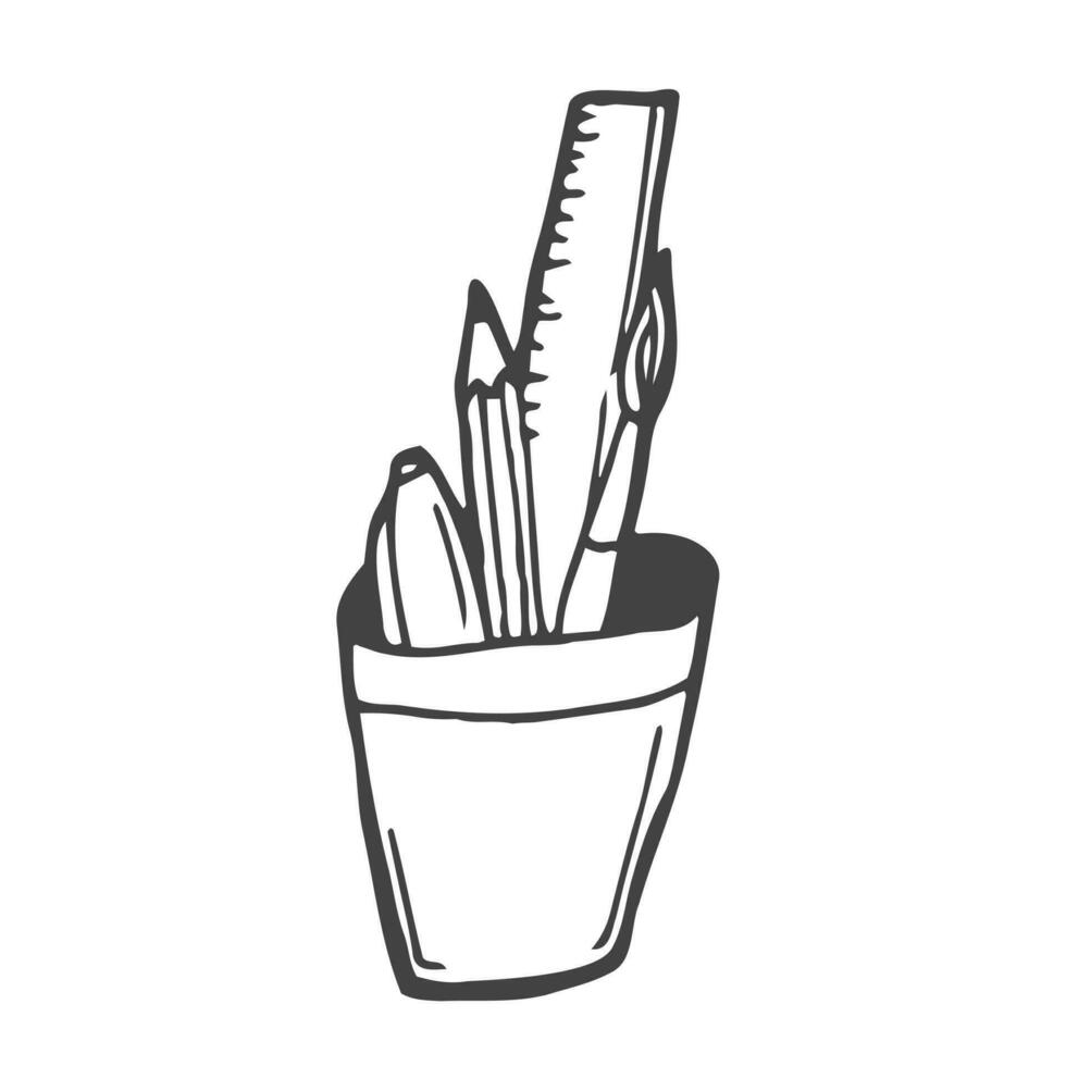 Pencil holder with a ruler, scissors, pen, pencil. Doodle style. Hand-drawn black and white vector illustration. The design elements are isolated on a white background