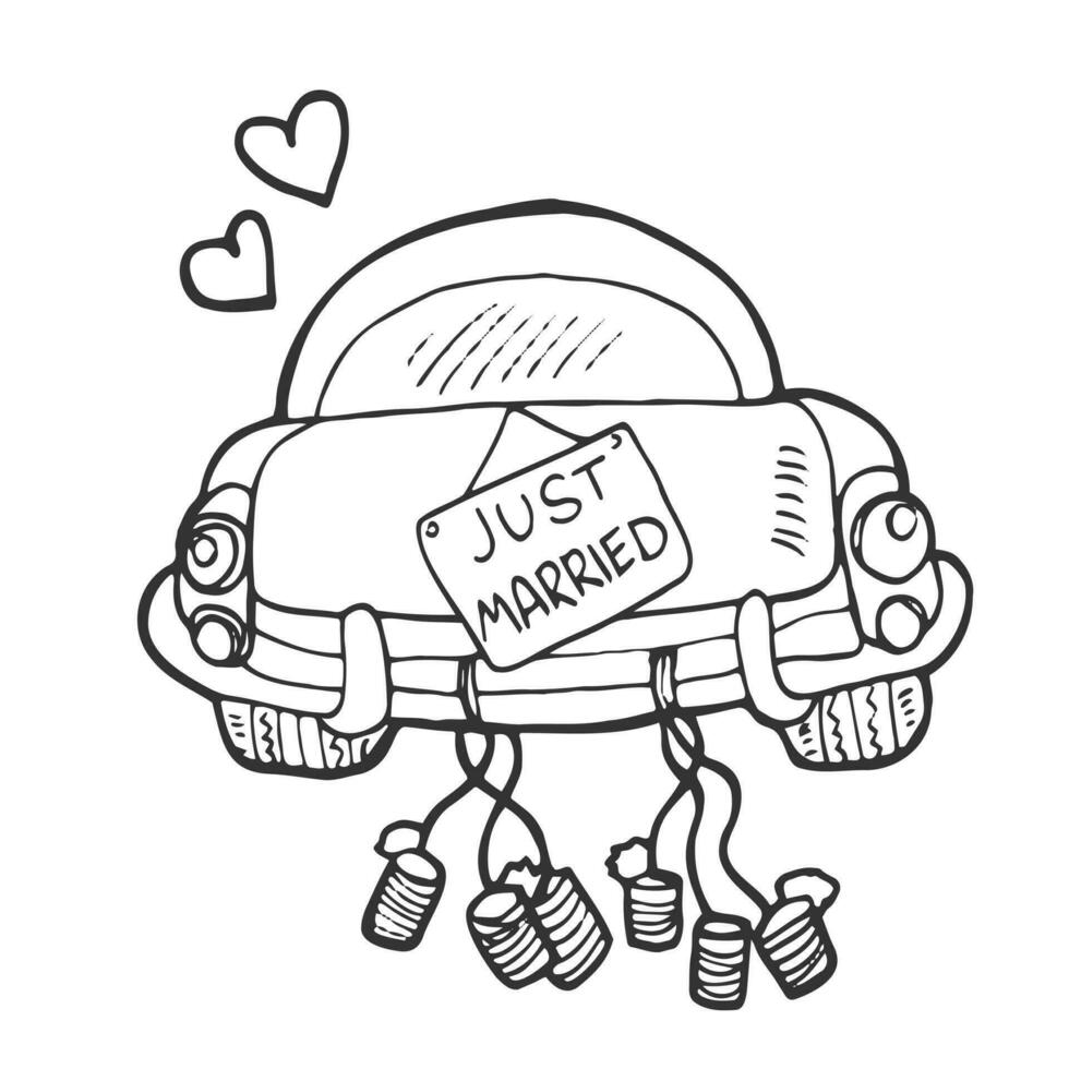 Just married bride and groom in car wedding invitation. Cute cartoon, outline drawing. Vector illustration.