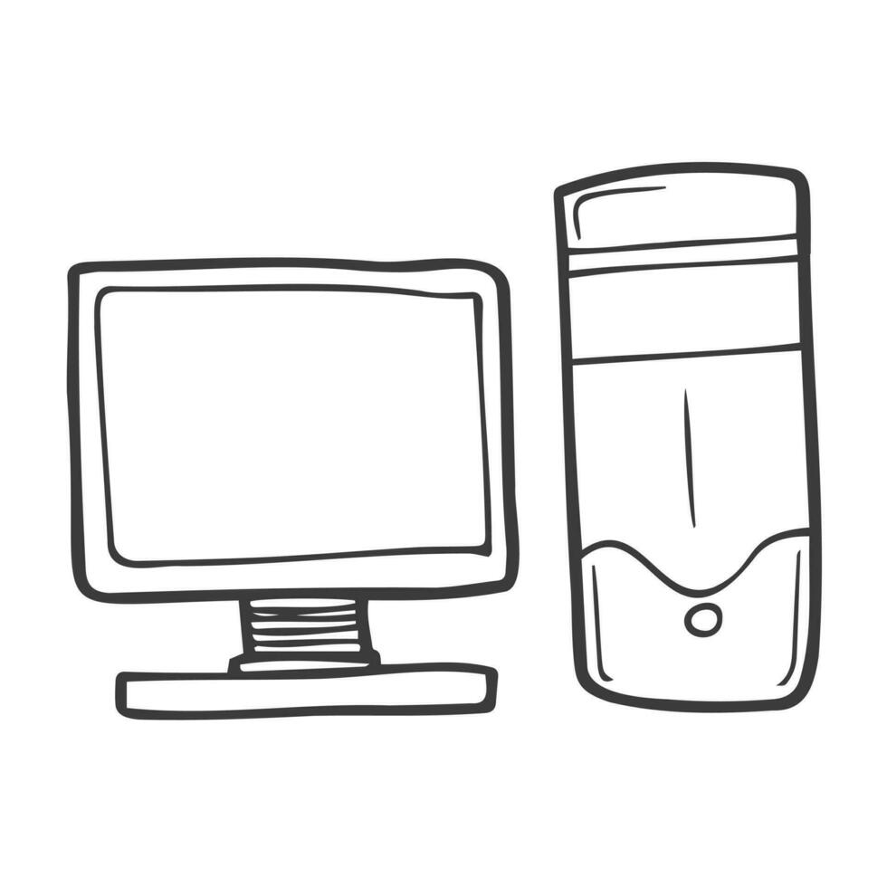 Hand Drawn PC Monitor Screen and system unit Vector Illustration