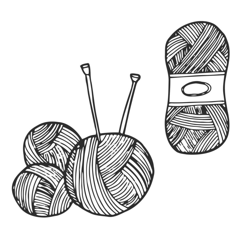 vector drawing in the style of doodle. knitting. clew for knitting and knitting needles, crochet. hobby symbol, needlework, homework.