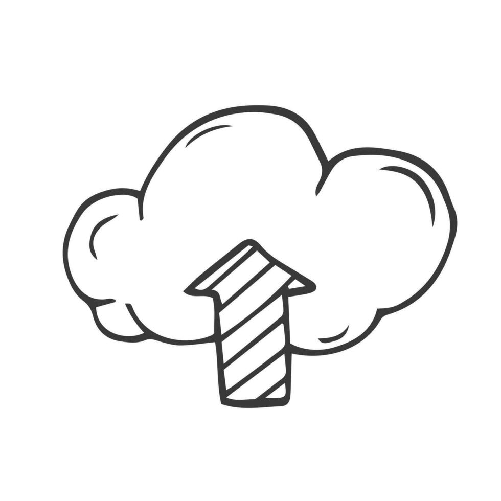 Doodle data server cloud sketch. Hand drawn sketch style cloud, arrow for internet database, digital storage concept. Vector illustration.