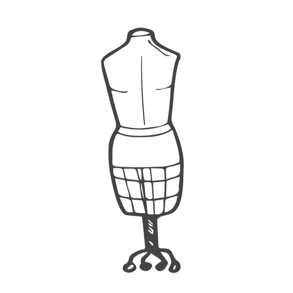 hembra maniquí para adecuado y sastrería, accesorio para Moda diseñadores, vector imagen en garabatear estilo, mano dibujar, aislar en un blanco antecedentes.