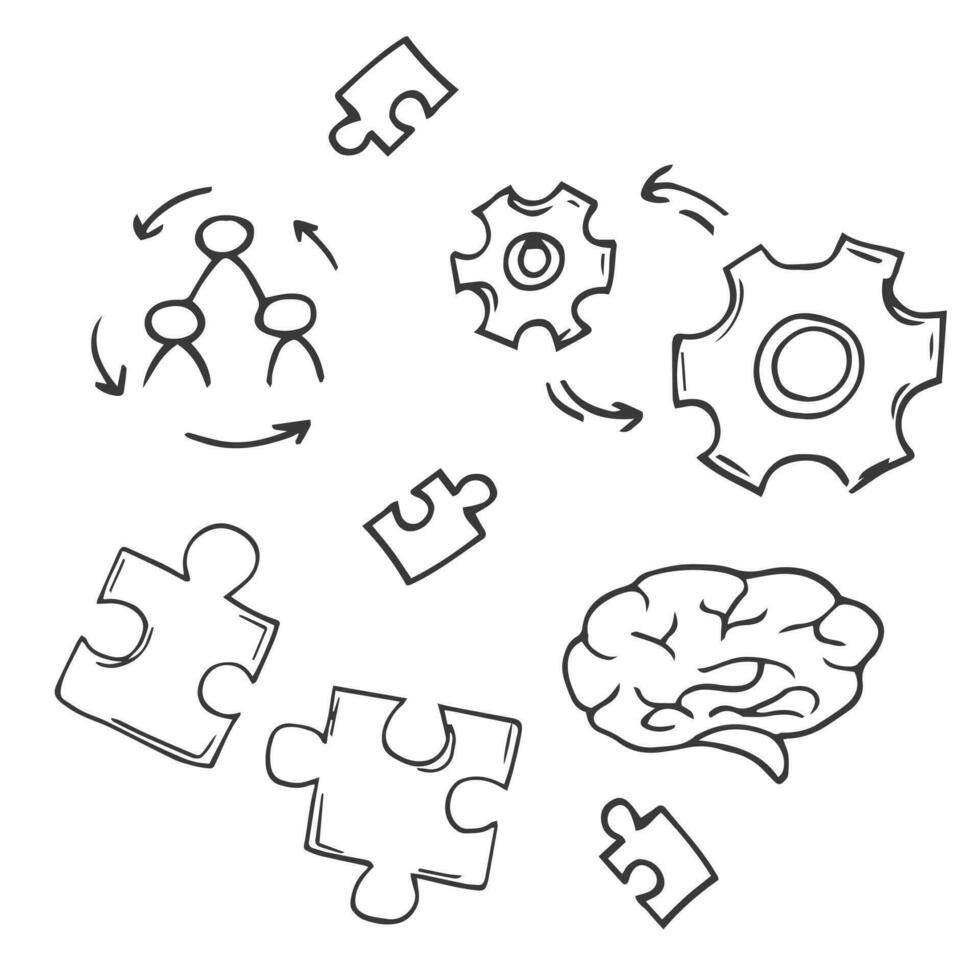 hand drawn Simple Set of Team Work Related Vector Line Icons. Contains such Icons as Cooperation, Collaboration, Team Meeting