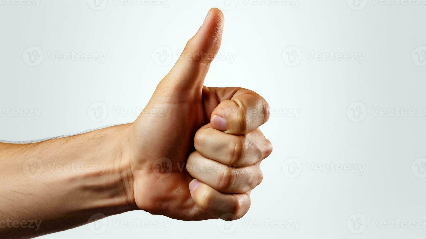 Hand showing super thumb up gesture on white background photo