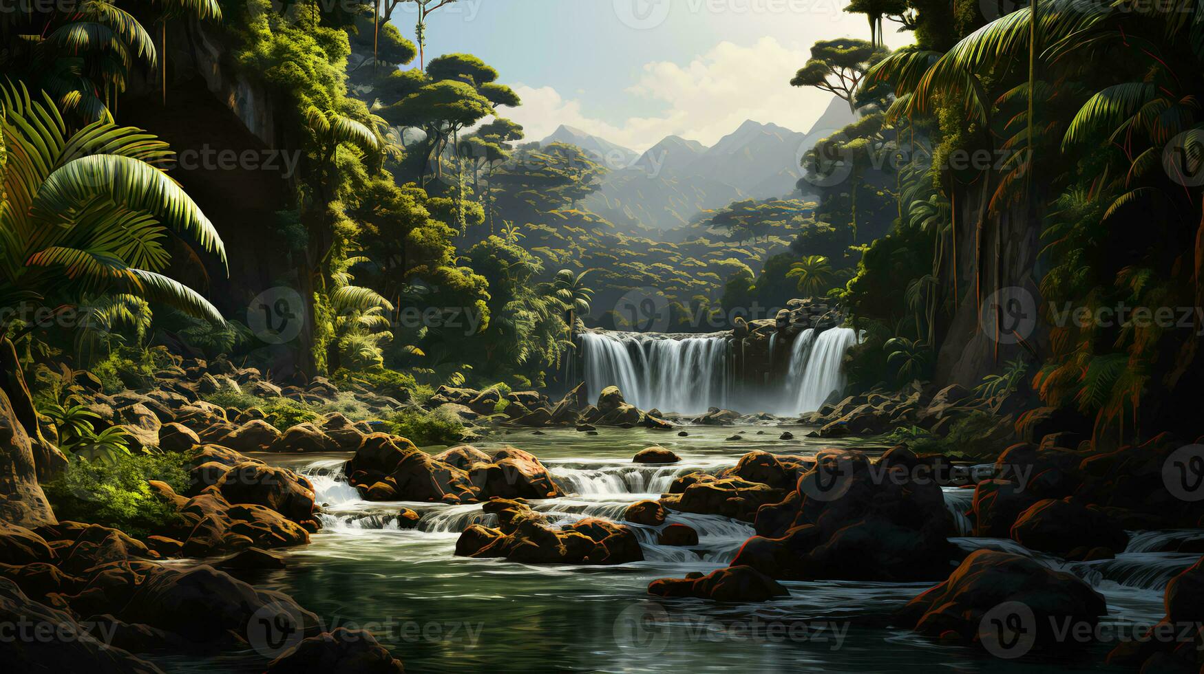 Forest river surrounded by green natural trees and grass in the forest. Concept green energy ecology and environmental care photo