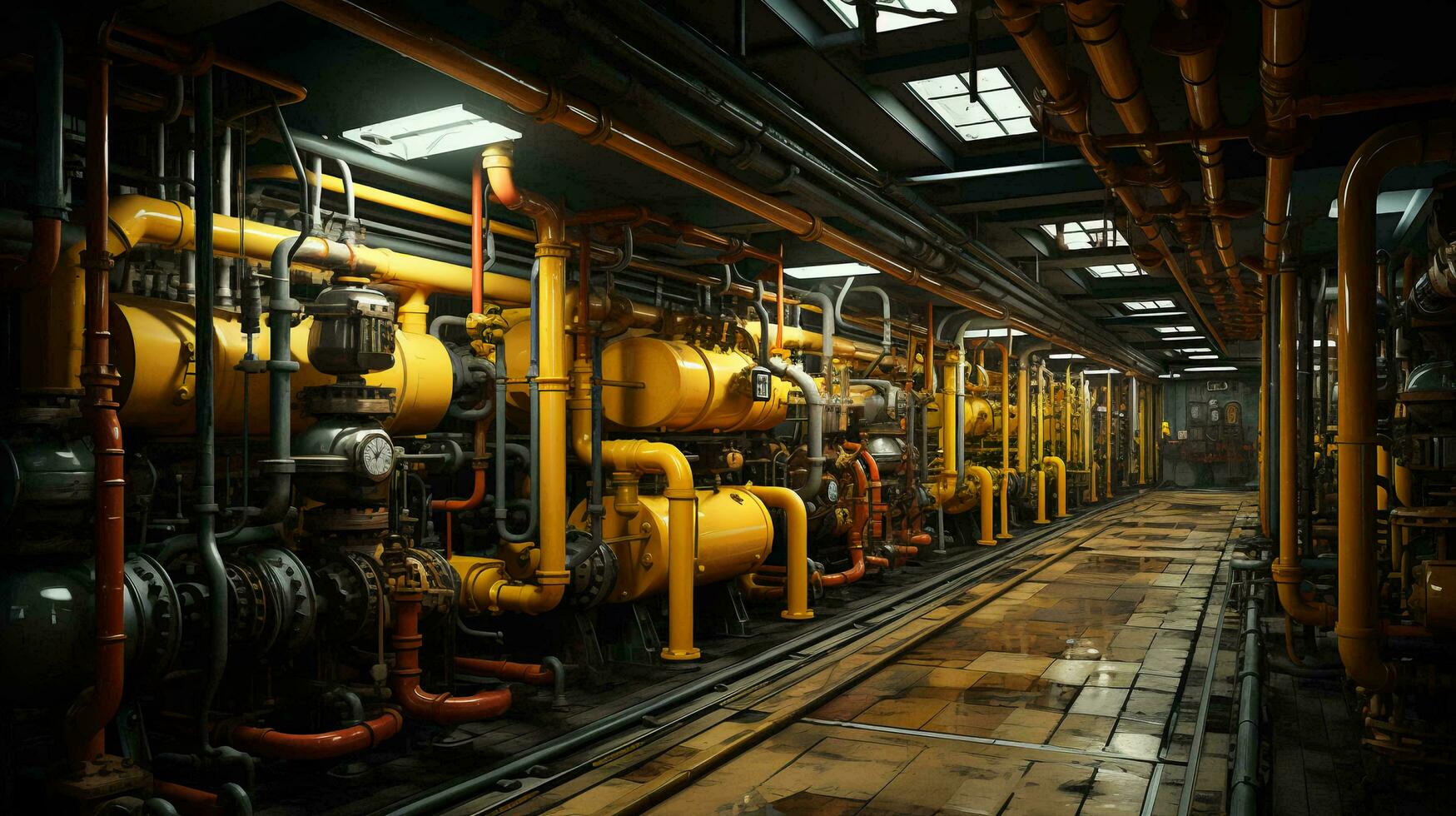 Many iron pipes and pipelines with valves and chemical industrial equipment in the workshop at the factory photo