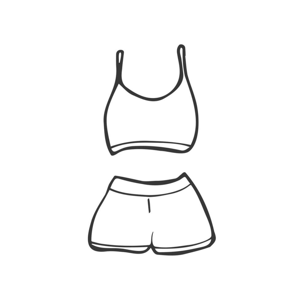 Women's fitness outfit. Bra top, shorts. For sports activities. Vector illustration hand-drawn. Doodle style.