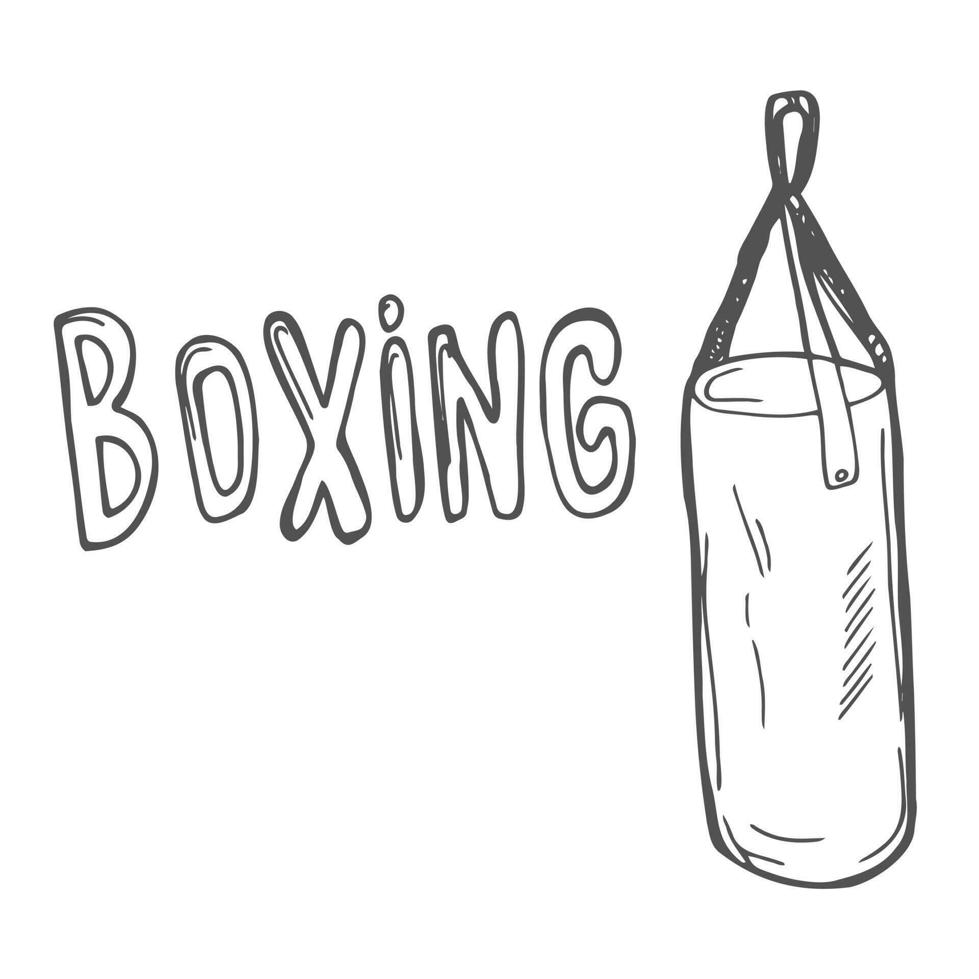 Boxing lettering with punching bag, phrase in doodle style. Box concept