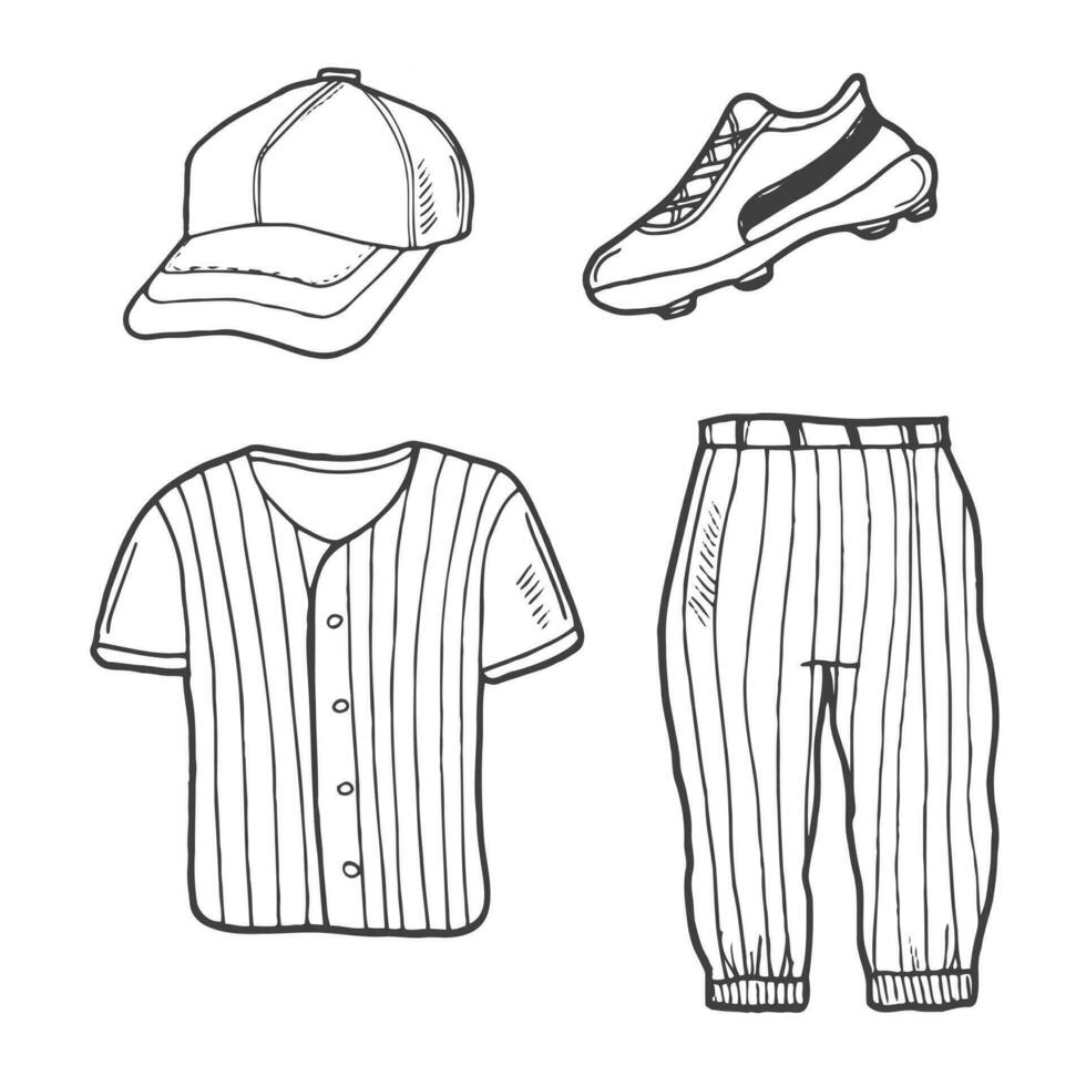 béisbol garabatear uniforme. vector béisbol camisa, pantalones, béisbol gorra y deporte zapato.