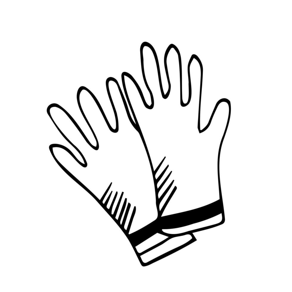 Rubber gloves - vector simple poster with lettering and hand drawn outline drawing in doodle. Tool to protect hands from viruses, dirt, chemicals, for work in garden. Theme of medicine, pandemic