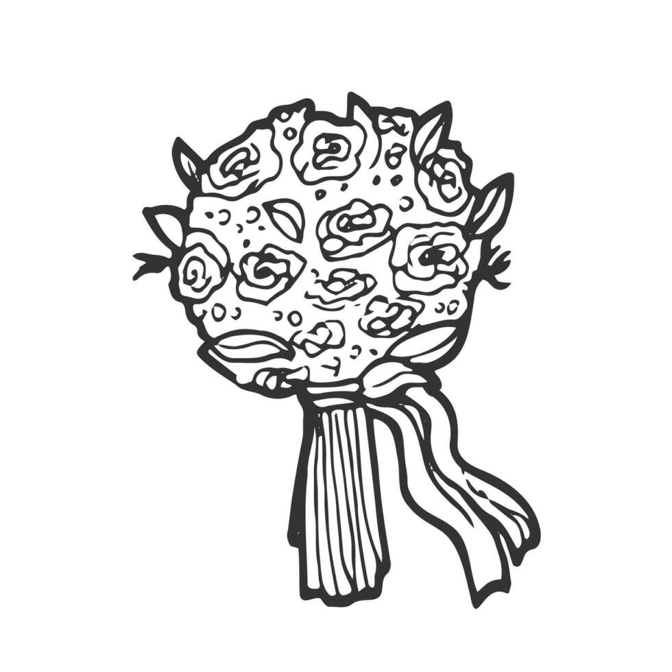 Wedding bouquet with delicate flowers, leaves. Doodle Hand drawn vector illustration