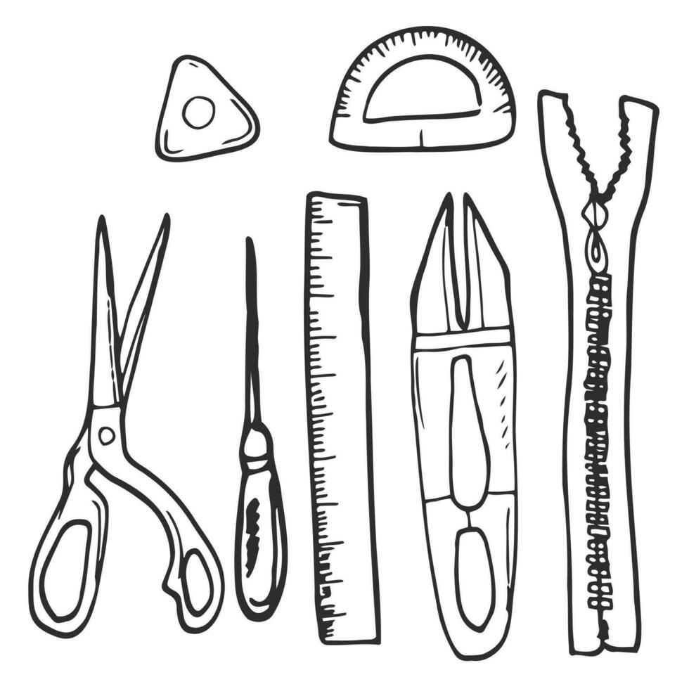 Big vector doodle sewing set. Vector tailoring tools icons. Sewing mannequin, machine, measuring and cutting supplies, Black outline. Sketch with professions