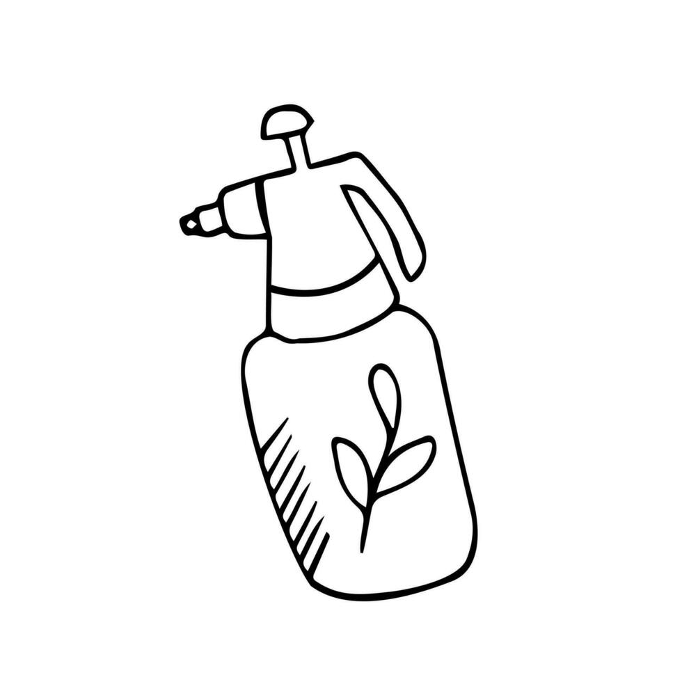 Vector silhouette of a spray bottle for the garden on a white background. For agriculture and watering plants and vegetables. Flat design objects without fill. Vector and stock illustration.