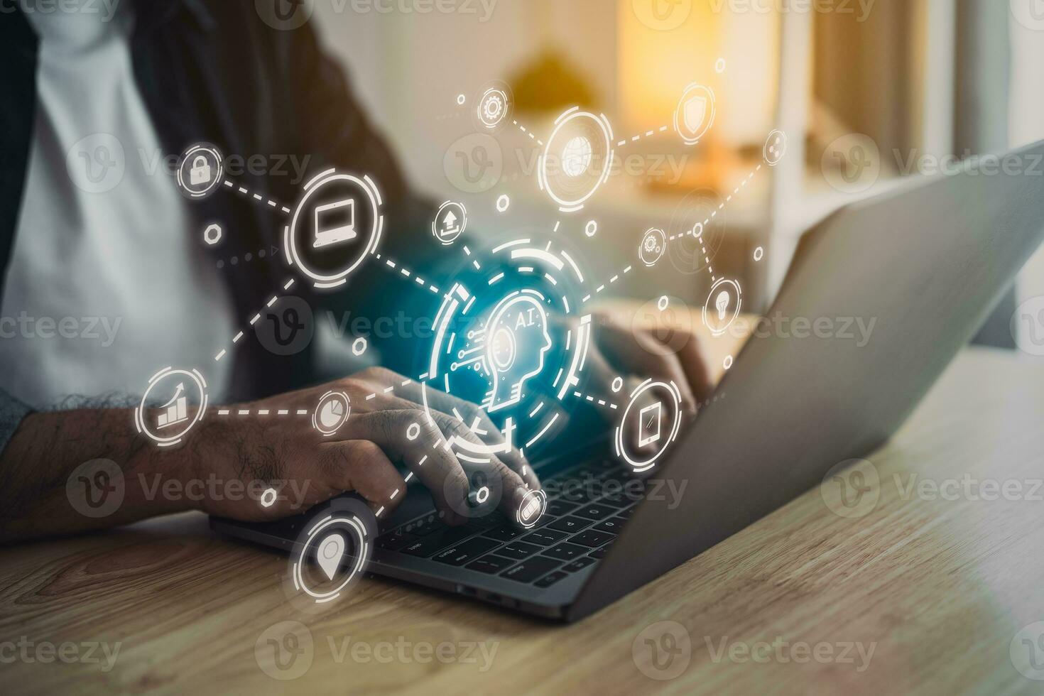 Businessman working laptop virtual digital AI network chain. Digital transformation change management, internet of things, smart Ai technology, IoT concepts of business icons smart Internet of Things photo