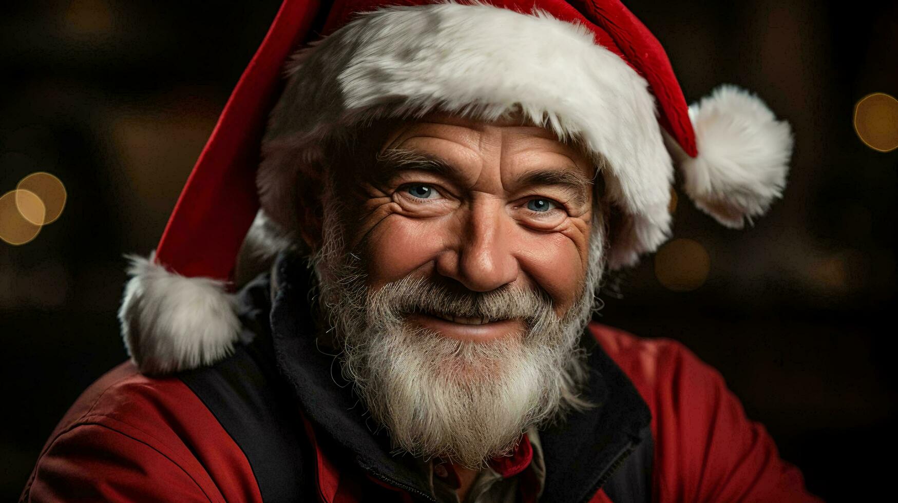 un hombre con un barba en un rojo chaqueta y Papa Noel claus sombrero sonrisas a el cámara, Navidad nuevo año festivo hermosa invierno antecedentes foto