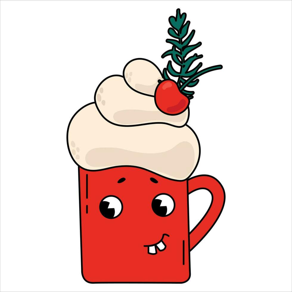 Kawaii cup with coffee and whipped cream. vector