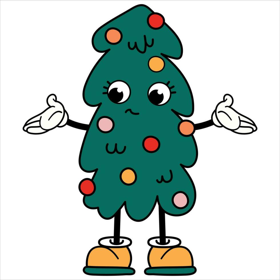Retro Christmas tree kawaii. Cute Christmas tree with a face, arms and legs. vector