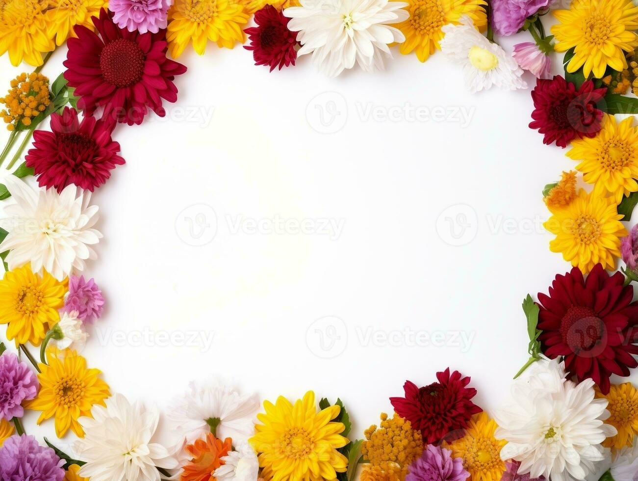 Border of flowers on white background with blank white text space AI Generative photo