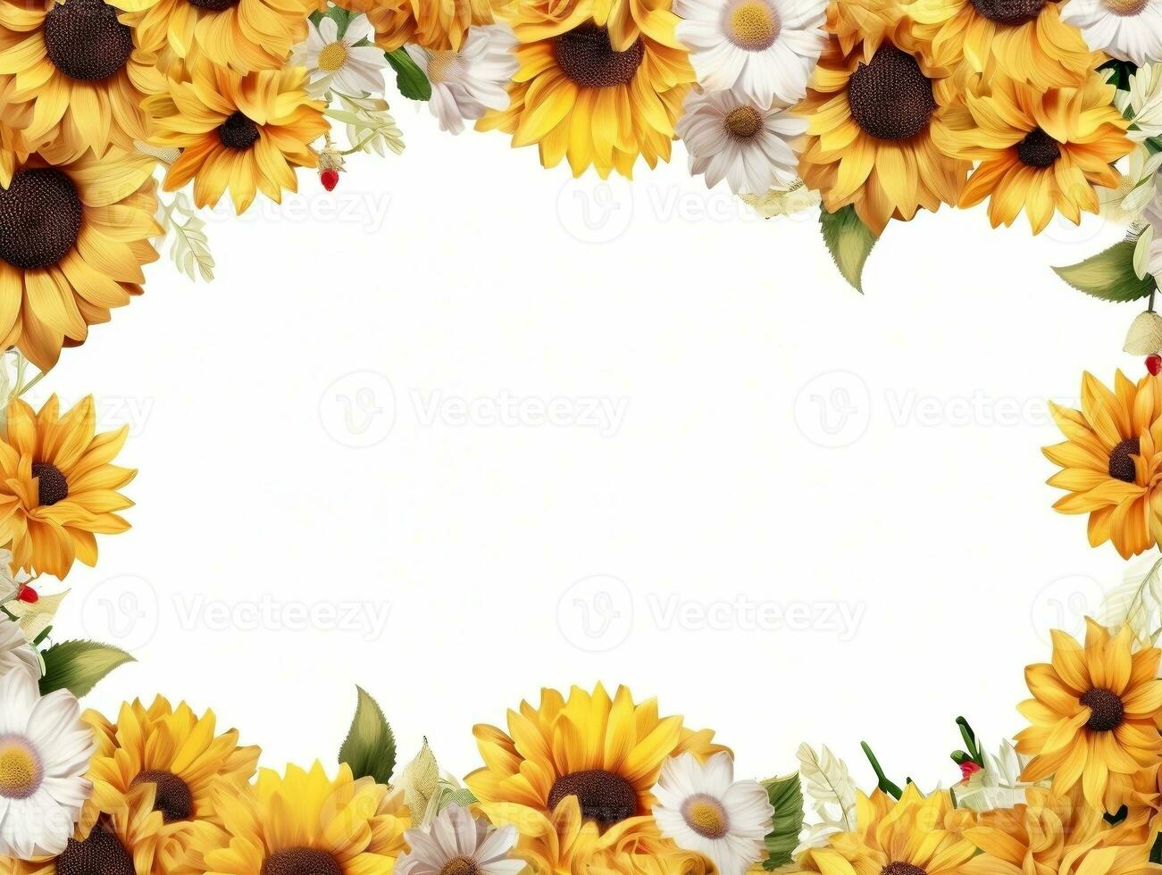 Border of flowers on white background with blank white text space AI Generative photo