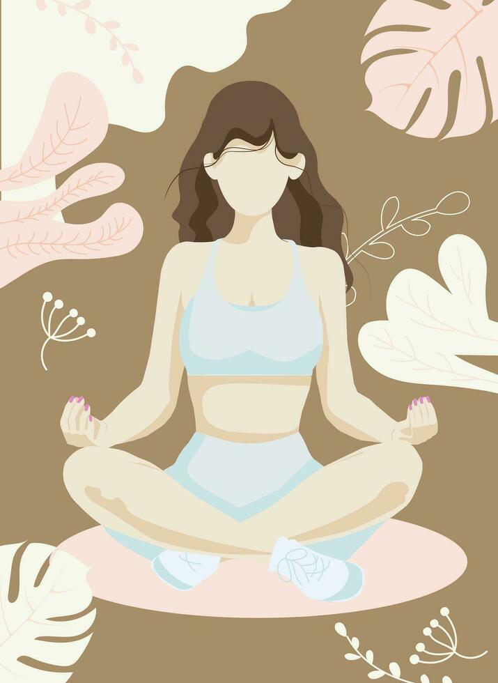 Girl doing yoga on the background of tropical leaves. Asana padmasana vector