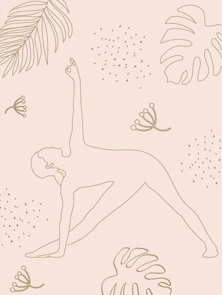 Girl doing yoga on a coral background with tropical leaves. Line art in sketch style isolated on pink background. Vector illustration