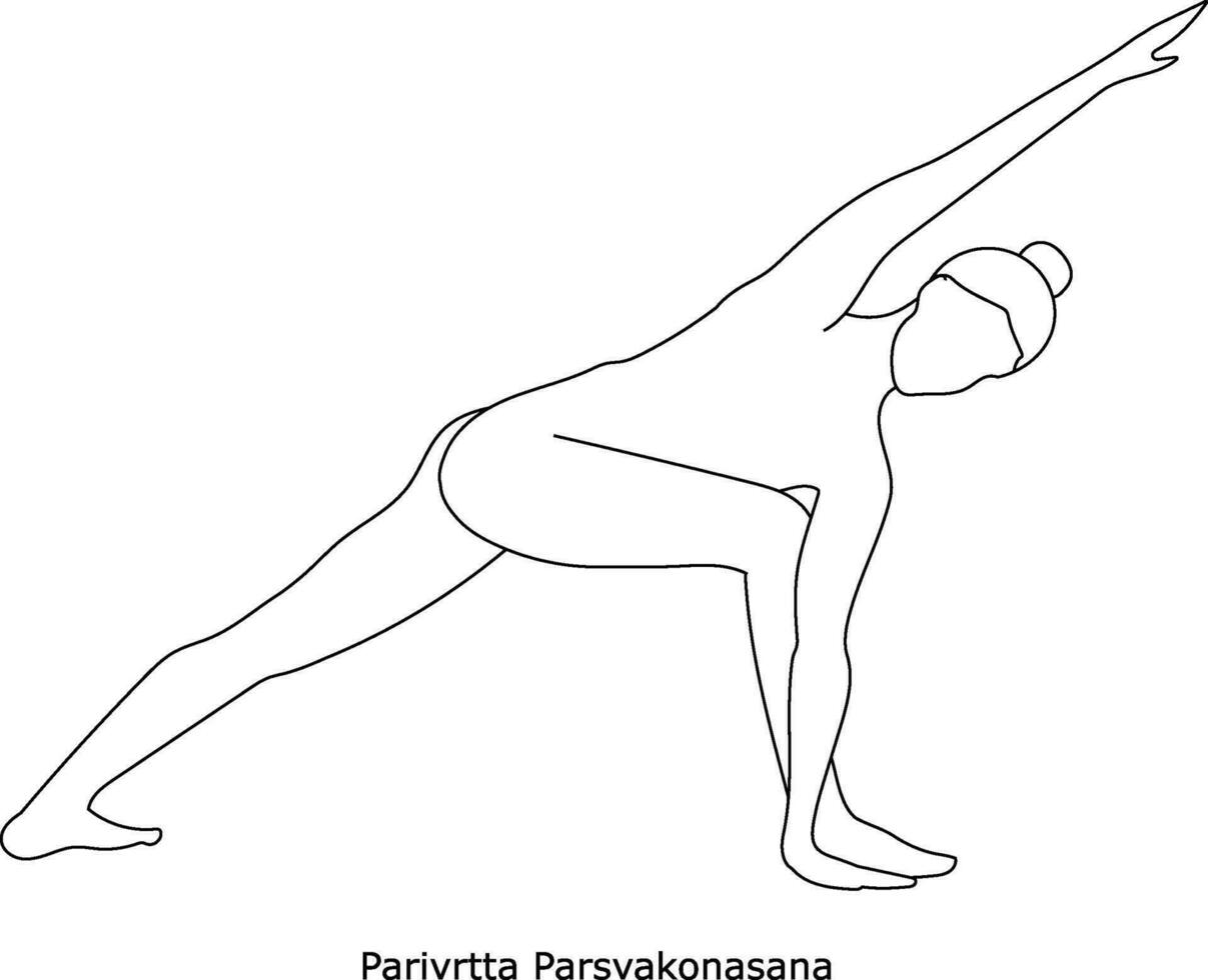 Girl doing yoga. Asana Parivrtta Parsvakonasana. Line art in sketch style isolated on white background vector