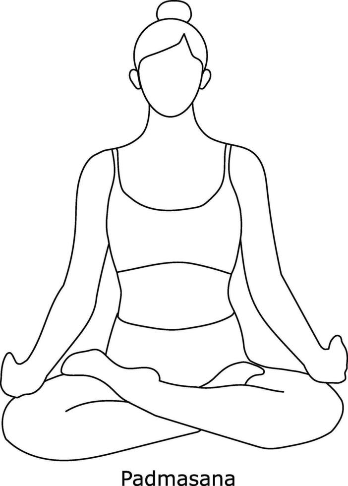 Girl doing yoga. Asana padmasana. Line art in sketch style isolated on white background vector