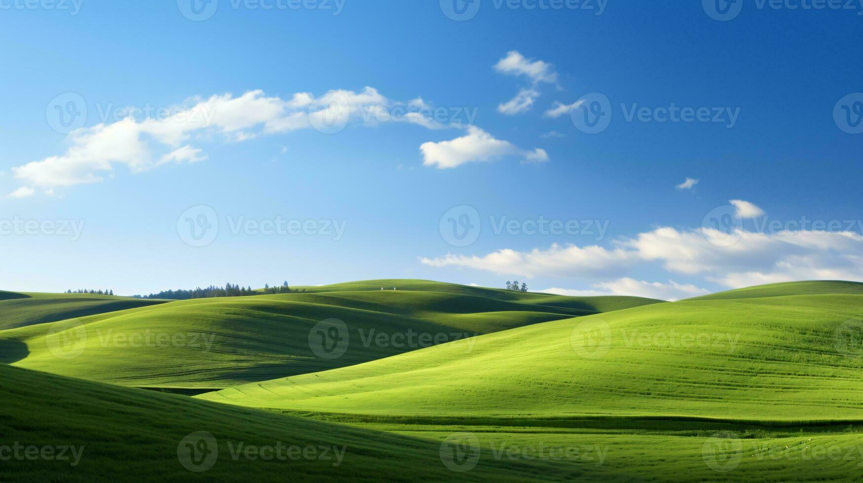 Fresh green fields in spring with a blue sky backdrop on a hill. ai generative photo