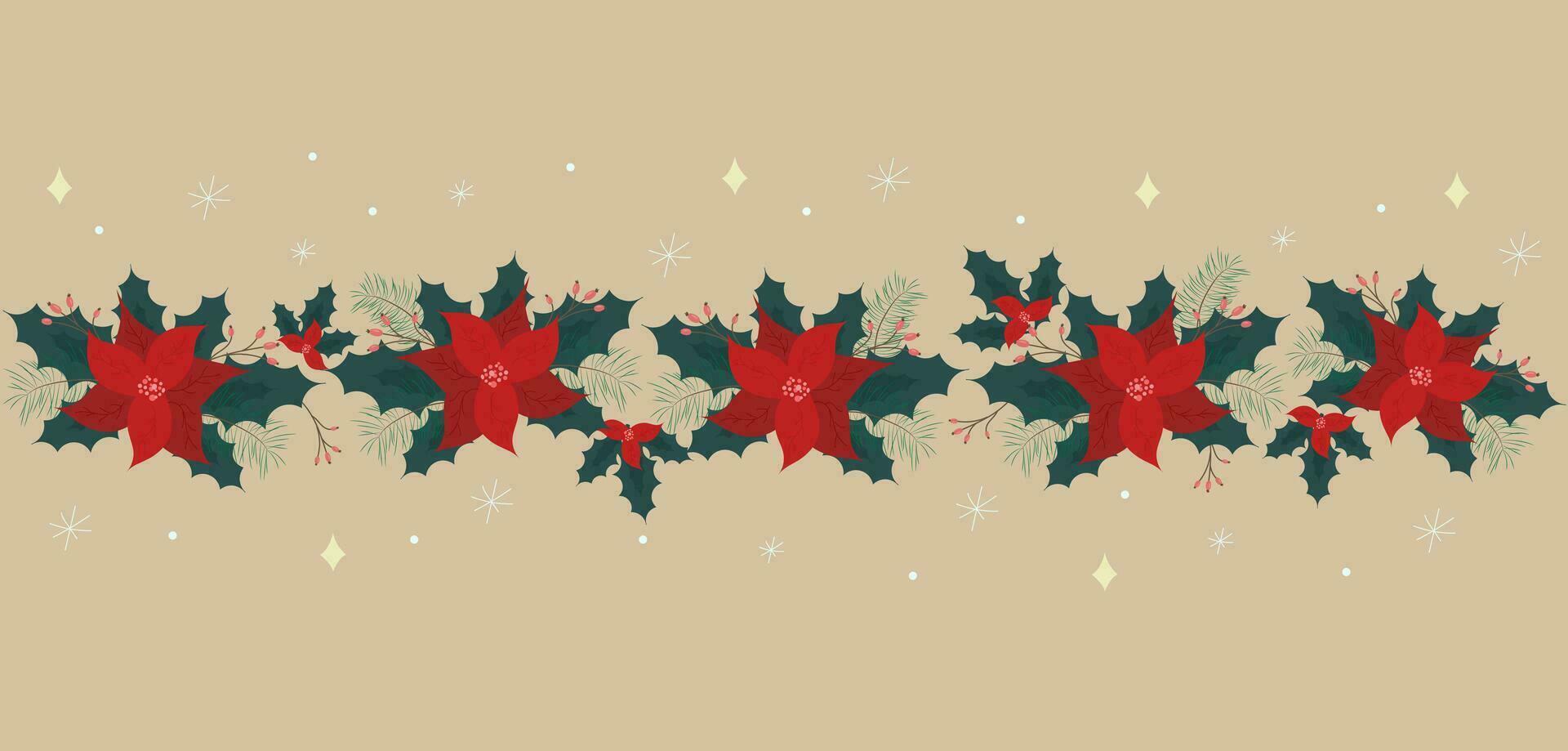 Christmas background with garland of poinsetties, berries, leaves and branches on beige background. For cards, backgrounds, prints. vector