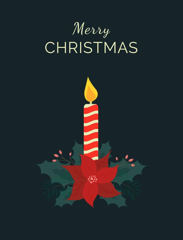 Merry Christmas greeting card with lighted candle decorated with poinsettia, fir branches, berries on dark green background. Christmas card, background, poster, vector