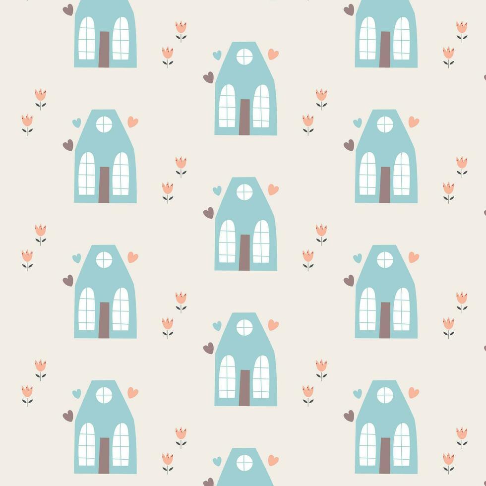 Cute nursery pattern with houses and flowers vector